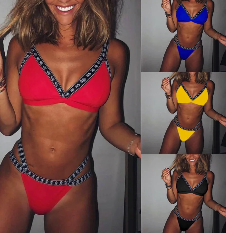 

Sexy High Cut Straps Bikinis Set Backless Print Women Swimsuit Swimwear Beach Bathing Suits Swim Wear