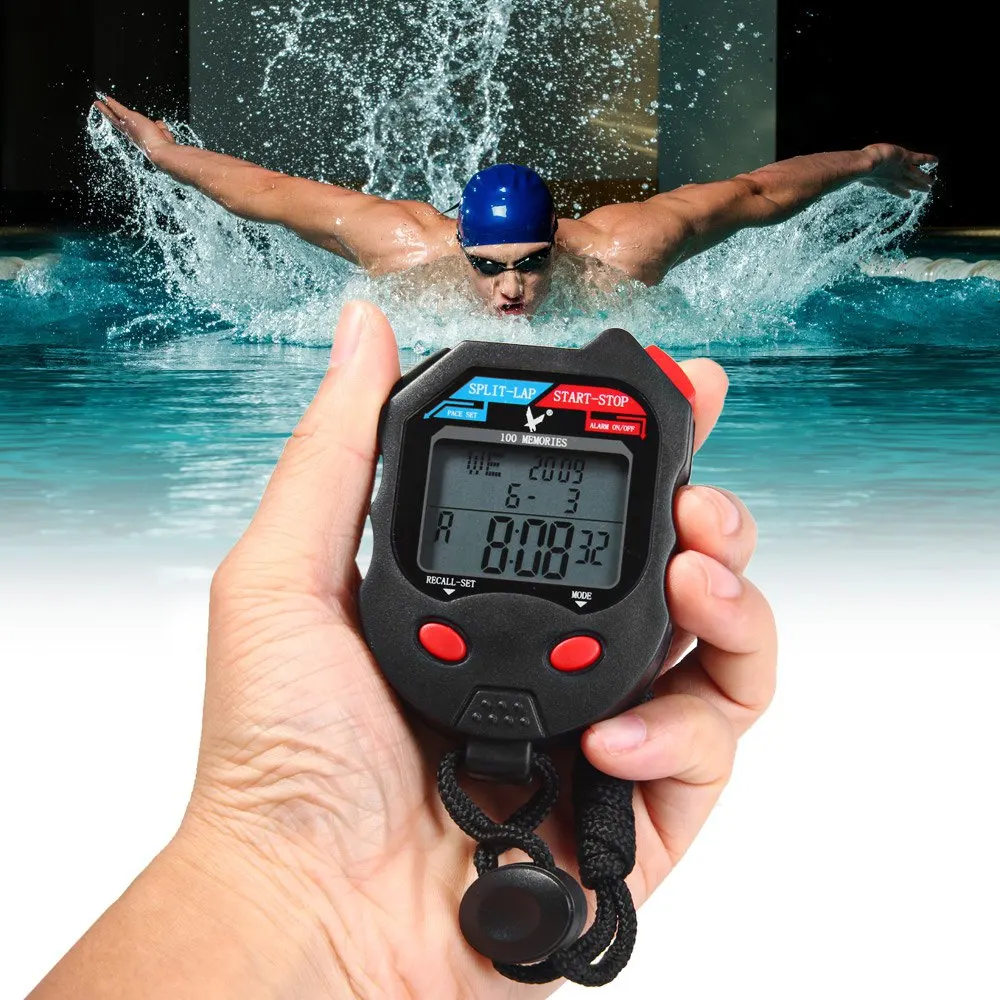 

Black PC100D 3 Rows Stopwatch 100 Memories Stopwatch Utility LCD Digital Handheld Stopwatch With Calendar Alarm Timer Function