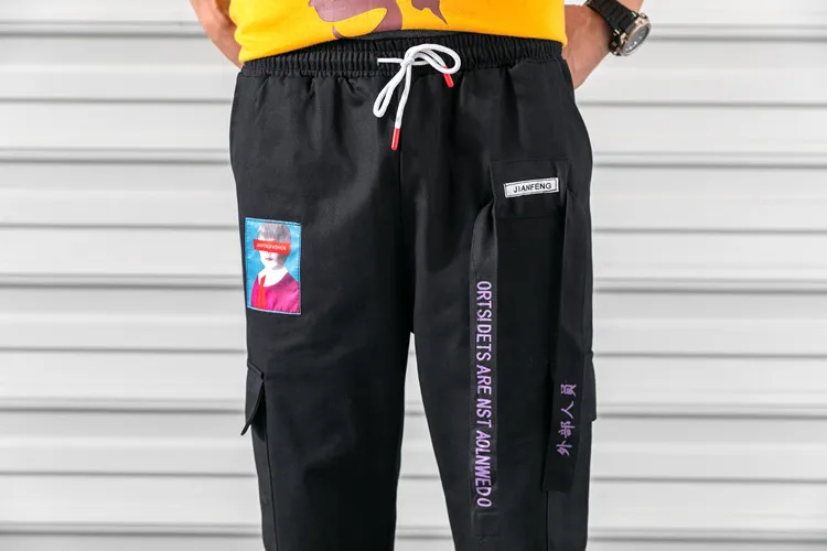 Хип-хоп спортивные брюки вышивка японский стиль брюки спортивные брюки уличная Мужская беговая дорожка повседневные брюки карго для