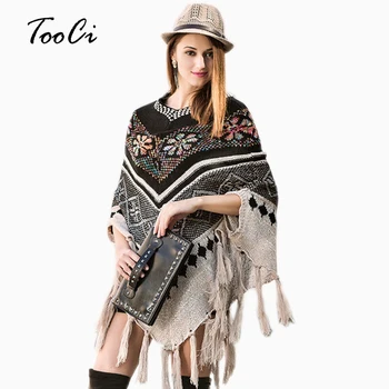 

Fashion Women's fashion Spring and Autumn Long Tassel Shawl Pullover Lady V-neck Pullover Print Sweater Poncho