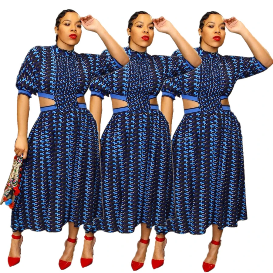 

BAIBAZIN African Clothing Women Dress European and American Fashion Women's Fashion Print Waist Hollow Design Dress