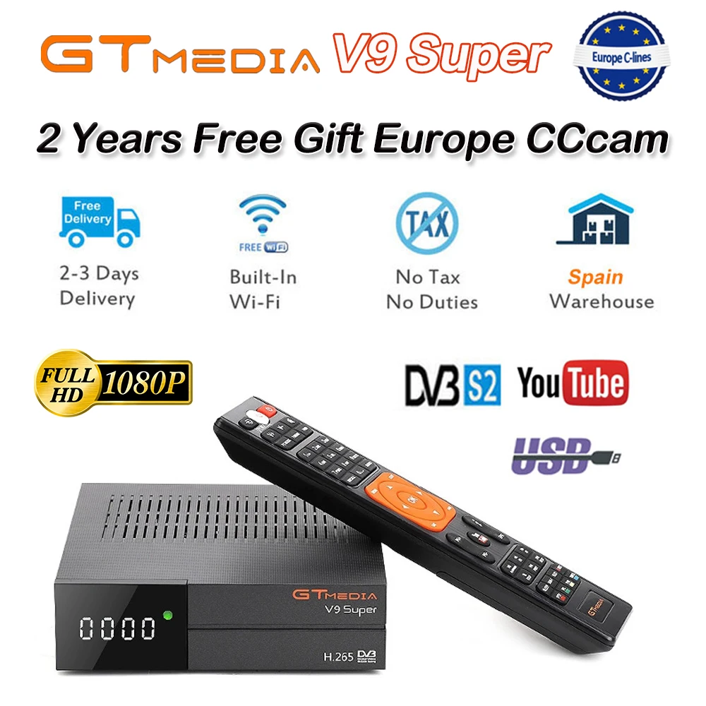 

Hot GTmedia V9 Super Satellite Receiver Freesat V9 Super DVB-S2 Updated GTmedia V8 Nova with CCcam Cline for 1 Year Spain