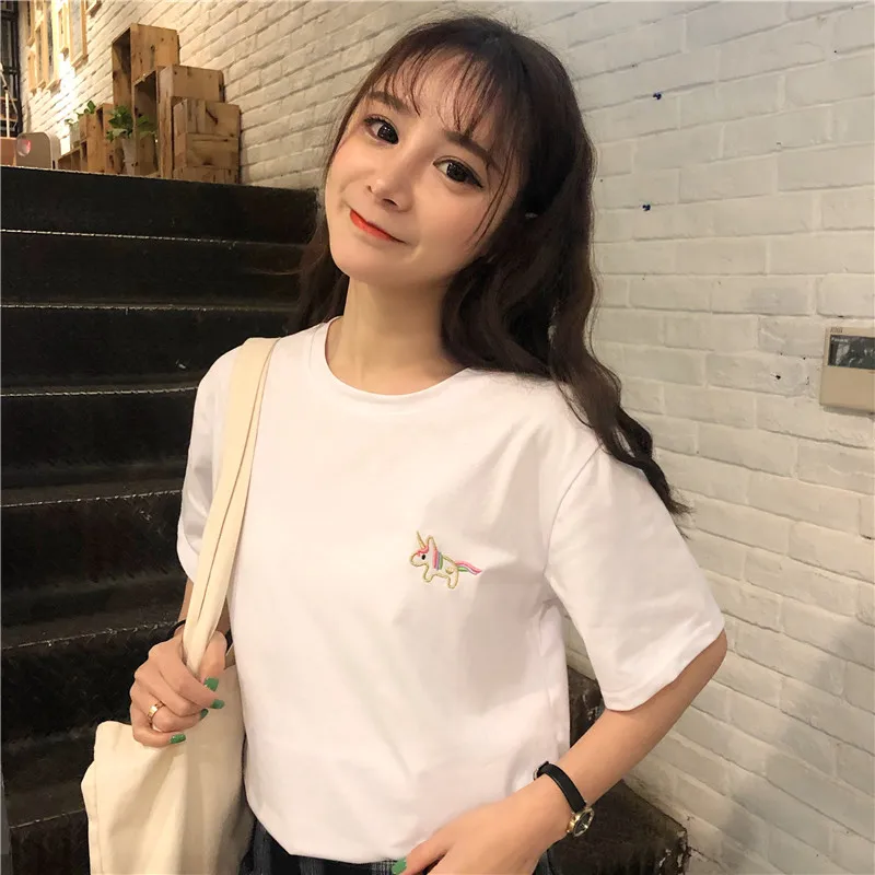 

100% Cotton Women T Shirt Summer Harajuku Korean Tee Top Tee Shirt femme Embroidery T-shirt Woman Casual Shirts Female T-shirts