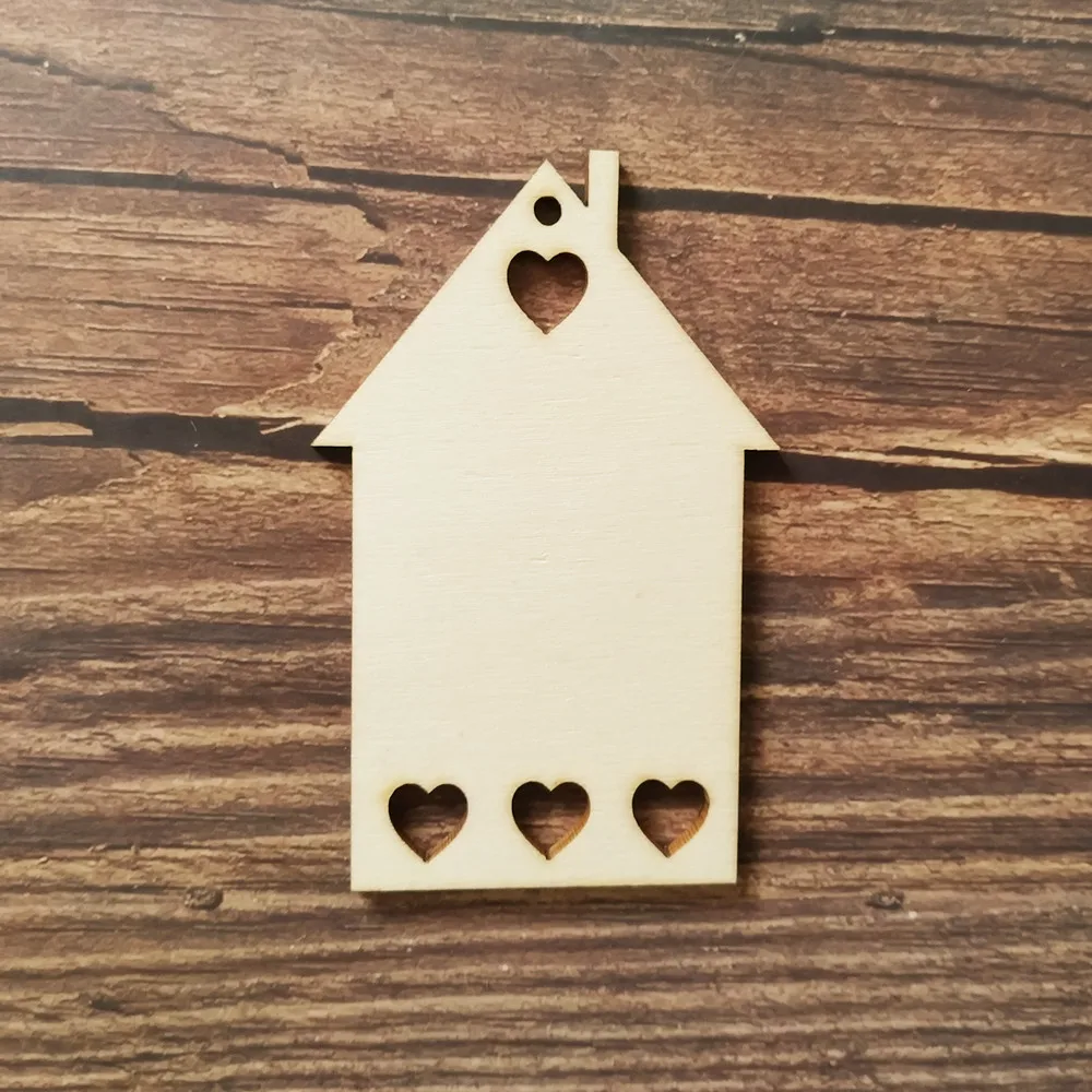 10x Wooden House Shape Gift Wrapping Craft Shapes Party Favor House with Hole Christmas Ornament Gift Tags Hanging Decoration