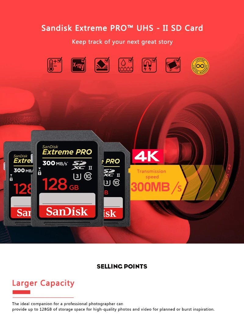 Двойной Флеш-накопитель SanDisk Extreme Pro SD карта, 32 ГБ, 64 ГБ, UHS-II SDHC/SDXC до 300 МБ/с. 2000X слот для карт памяти U3 флеш-карта для спортивной экшен-камеры 4K видео в формате Full HD Камера