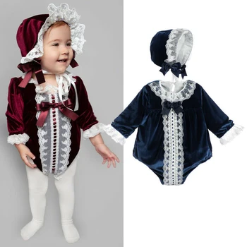 

US STOCK Newborn Cute Baby Girl Long Sleeve Lace Velvet Jumpsuit Bodysuit Hat 2Pcs Clothes Outfits