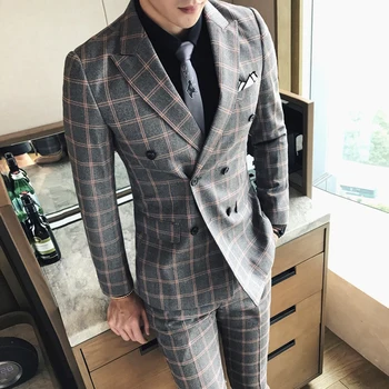 

british double breasted plaid suit for men's wear korean evening suit for the handsome groom