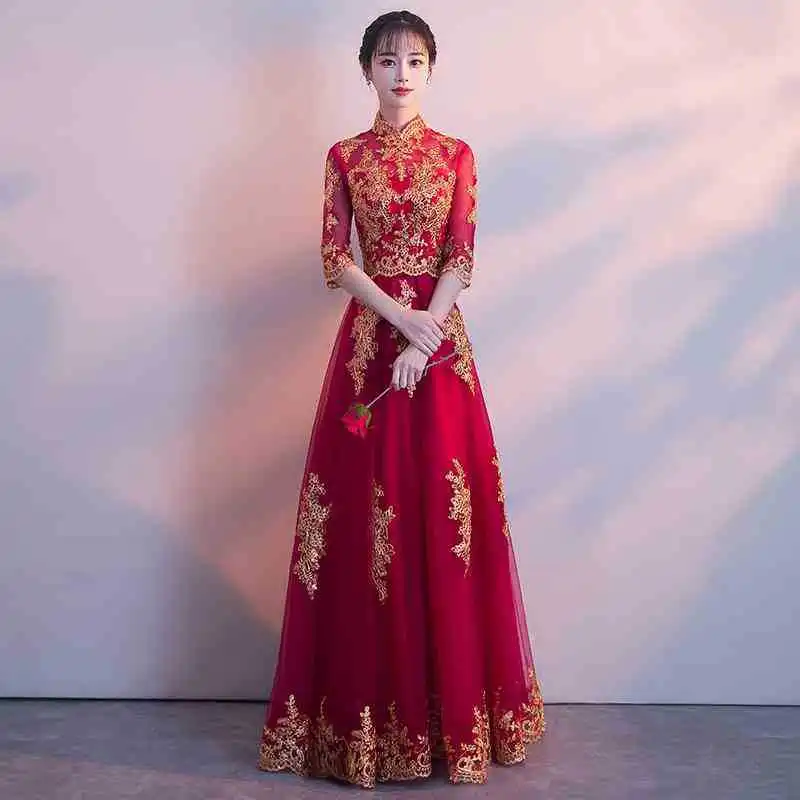 Красное традиционное китайское свадебное платье Cheongsam длинное Qipao свадебное традиционное Классическое женское платье восточные платья Vestido Novia