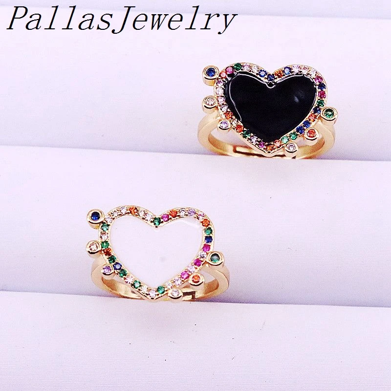 

10Pcs NEW Stylish Mix Enamel Heart Ring, Women Cz Charm Jewelry Ring, White/ Black/Red Enamel Ring, Adjustable