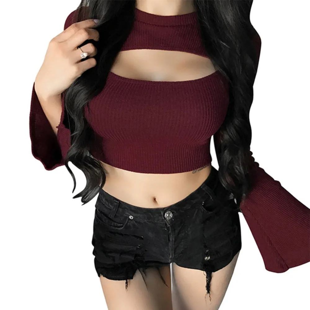 

patchwork hollow out open chest female t-shirt sexy long sleeve o neck knit short t-shirts for women harajuku casual solid tops