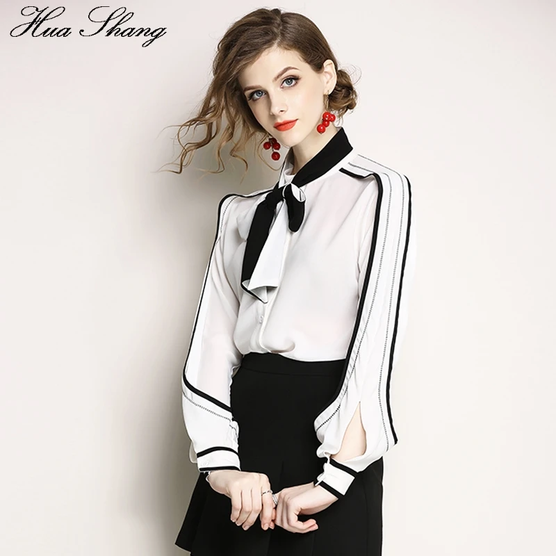 

White Shirt 2018 Elegant Women Bow Tie Collar Lantern Long Sleeve Black Striped Blouse Autumn Ladies Workwear Office Shirt Tops