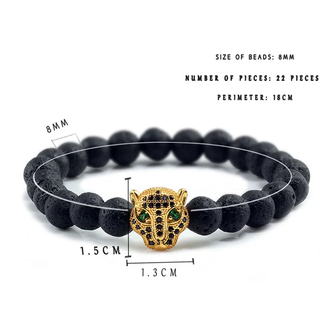 Pulsera de Lava negra, Reiki, Buda, piedra Natural, cabeza de leopardo.
