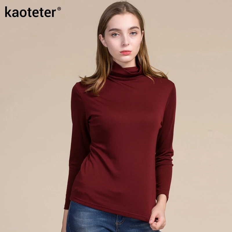 

70% Wool 30% Silk Women's Autumn Winter Full Sleeve Warm T-Shirts Women Wild Tee Shirts Slim Female Pullover T Shirt Woman Tops