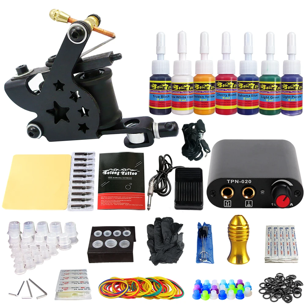 

Solong Tattoo Complete Tattoo Machine Set 7 Inks Needles Power Supply TK105-41