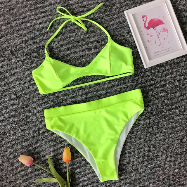 Neon Green Bikini Set High Waisted Bathing Suits For Women Halter Two