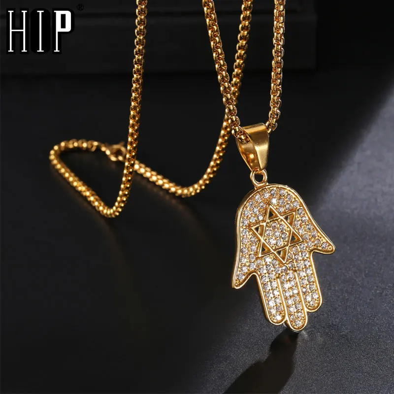 

HIP Hop Bling Iced Out Jewish Star God Hand Amulet Pendants Golden Stainless Steel Fatima Palm Necklaces Mens HipHop Jewelry