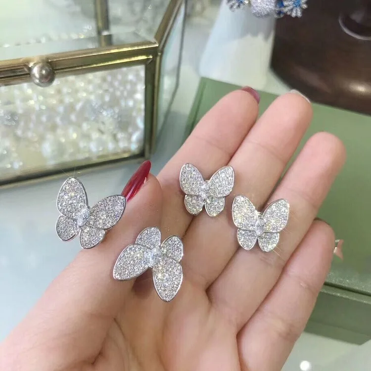 

Pure 925 Sterling Silver Jewelry two butterfly For Womem cubic zirconia open size butterflies finger ring famous brand jewelry