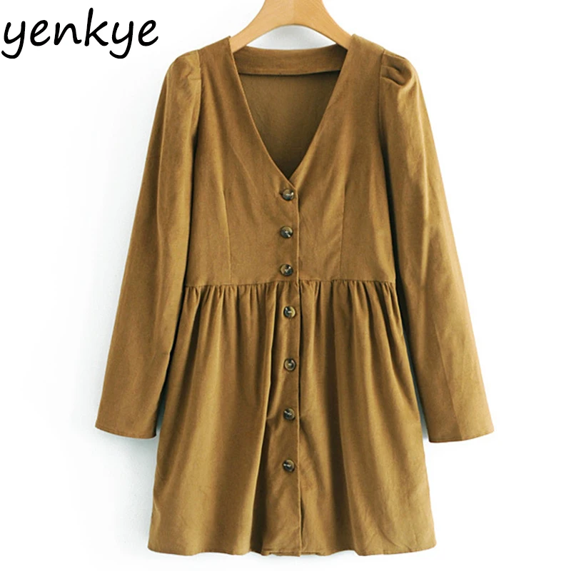 

Women Front Button Vintage Corduroy Dress Lady V Neck Long Sleeve A-line Mini Casual Autumn Dress XNGC9361