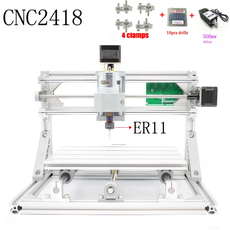 CNC 2418 ER11 GRBL управления Diy станок с ЧПУ, рабочая зона 24x18x4,5 см, 3 оси pcb ПВХ фрезерный станок, древесины маршрутизатор гравер - Цвет: cnc2418 ER11 500mw