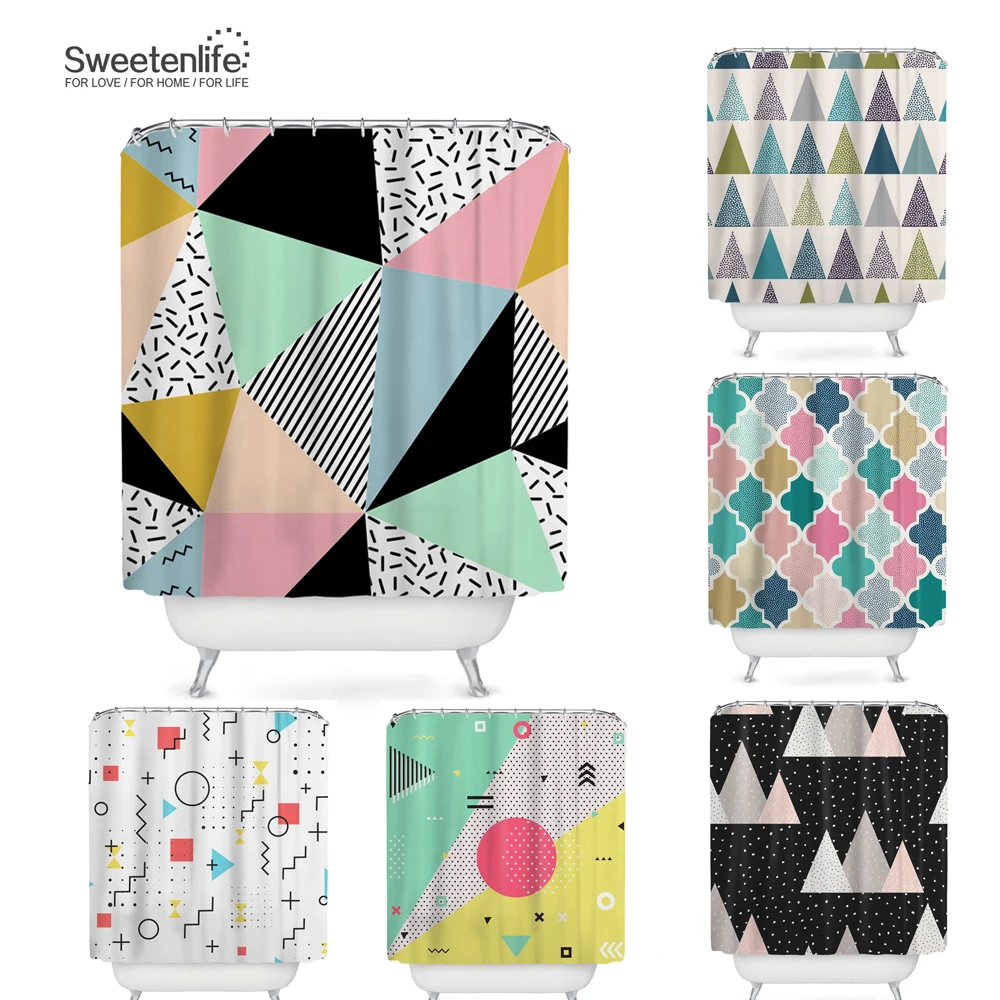 

Sweetenlife Curtains For Bathroom Designs Nordic style Shower Curtains 12 C-type Hooks Geometric Bath Curtains Drop Shipping