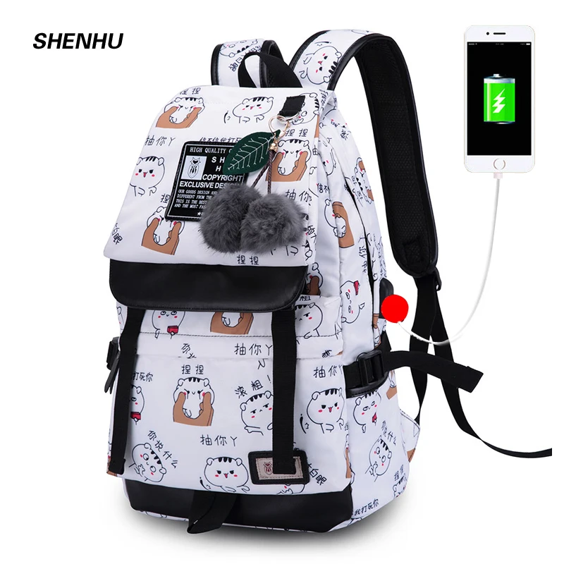 SHENHU Women Usb Charging Bagpack Laptop Travel Bags Black School Backpack For Girls Fashion Cartoon Printing Backpack Mochila
