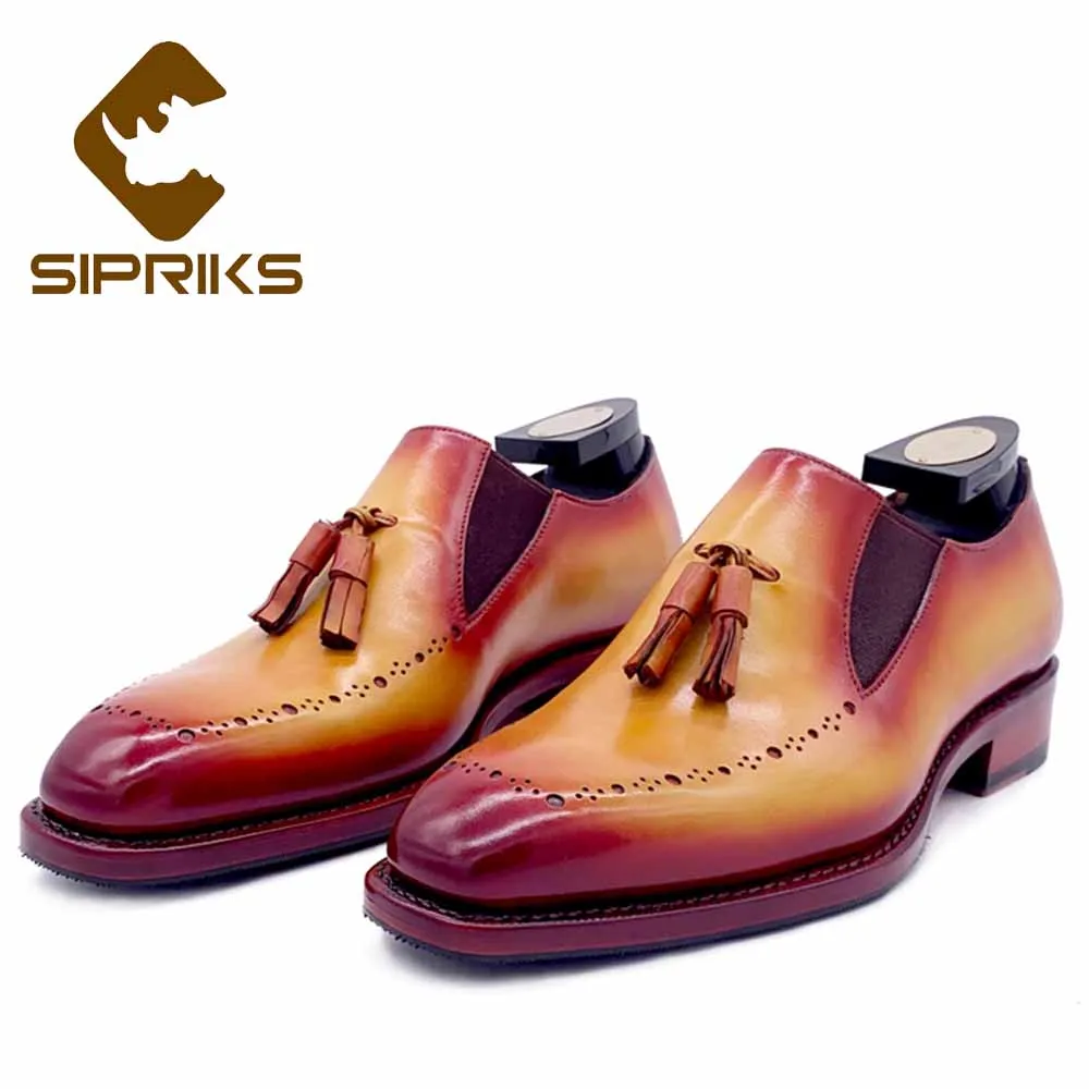 

Sipriks Luxury Band Mens Patina Calf Leather Loafers Italian Handmade Sewing Welted Shoes Boss Business Office Tassels Loafers
