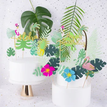 

Flamingo Set Plant Green Leaf Flower Cake Decoration Plug Hawaiian Party Flamingo Cake Insert Party Decoration