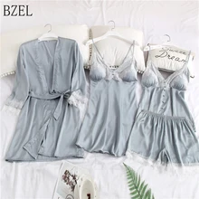 BZEL/4 шт. пижамный комплект, женская шелковая атласная ночная рубашка, Халат+ платье+ топ+ шорты, пижама, костюм, Женская Сексуальная кружевная Домашняя одежда на все сезоны