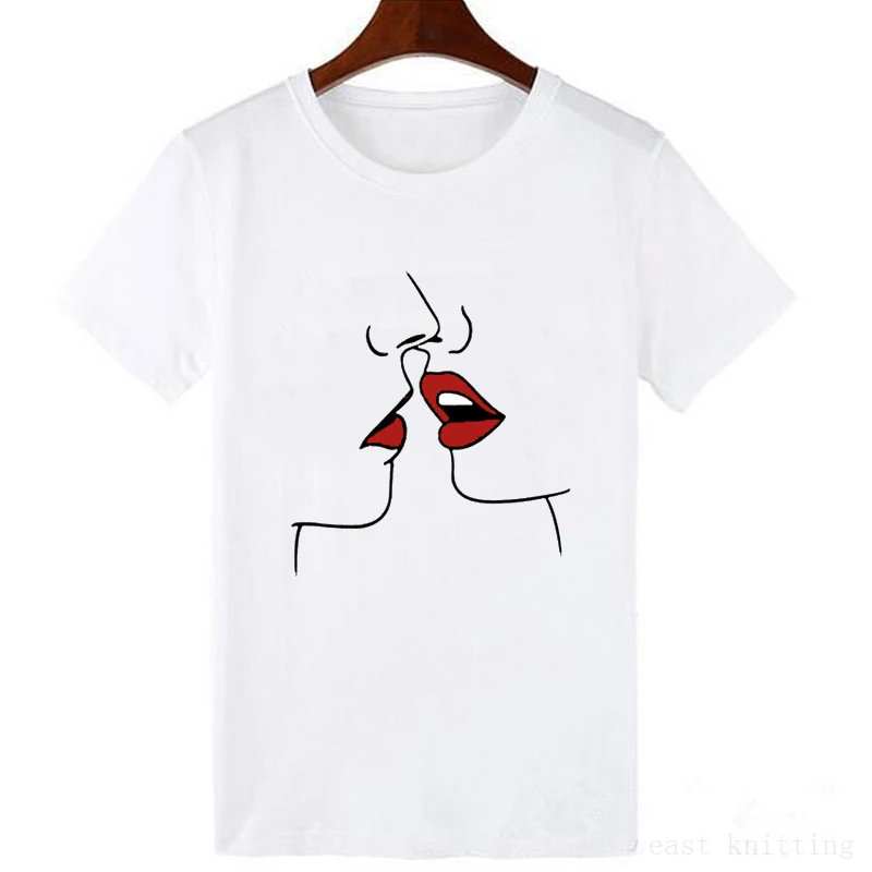 

WVIOCE Women Casual Summer T Shirt 2019 Short Sleeve Loose Tops Fashion Kissed Couple Print Tee Shirt Plus Size T-Shirt