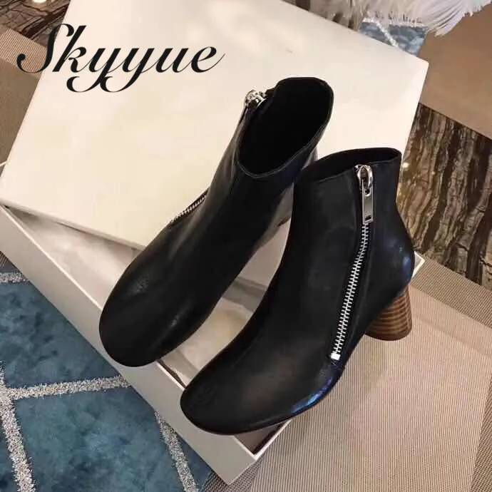 

SKYYUE New Genuine Leather Brand Designer Wooden Heel Round Heel Ankle Boots Sexy Zip Side Autumn Winter Boots Shoes Women