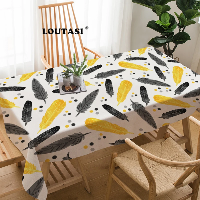 

LOUTASI Linen Table Cloth Nordic Style Feather Printed Multifunctional Rectangle Table Cover Tablecloth Home Kitchen Decoration