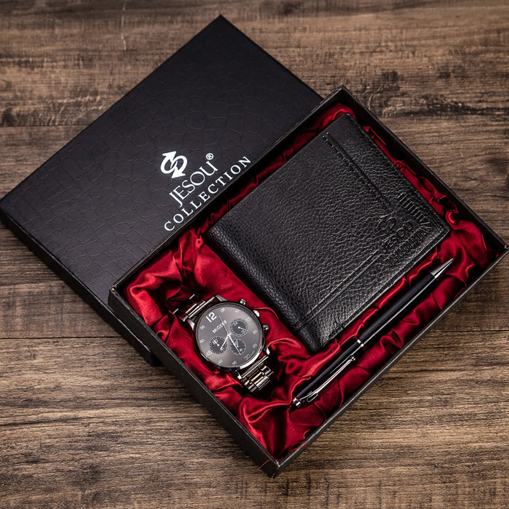 

Men Watches Stainless Steel Band Quartz Wrist Watch Ballpoint pen with Folding Wallet Gift Set for Boyfriend for men's Father's