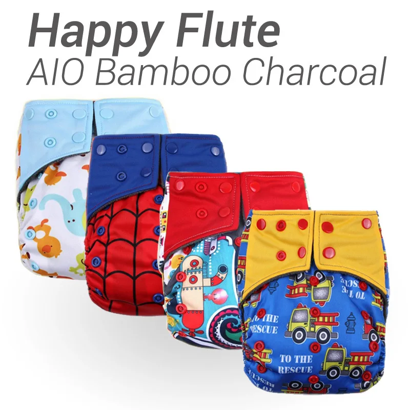 

10pcs Happy Flute AIO Diaper Two Sides Pocket Bamboo Charcoal Cloth Diaper Sewn in Insert Double Gussets Baby Nappy
