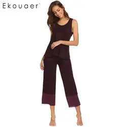 Ekouaer Для женщин пижамы с круглым вырезом без рукавов в стиле пэчворк Топы Длинные штаны пижамные комплекты женские ночные рубашки дома