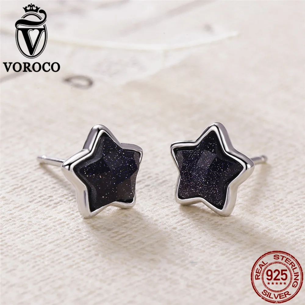 VOROCO, 925 пробы, серебряные серьги-гвоздики, винтажные, ночное небо, звезда, авантюрин, маленькие серьги для женщин, Свадебные Роскошные ювелирные изделия VSE057