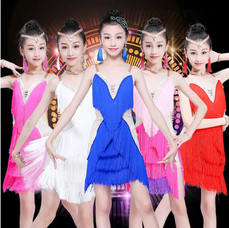 

Red Children Sequined Latin dance costumes Ballroom Salsa Latin dancing dress Kids Tassels performance dance Stage wear Outfits