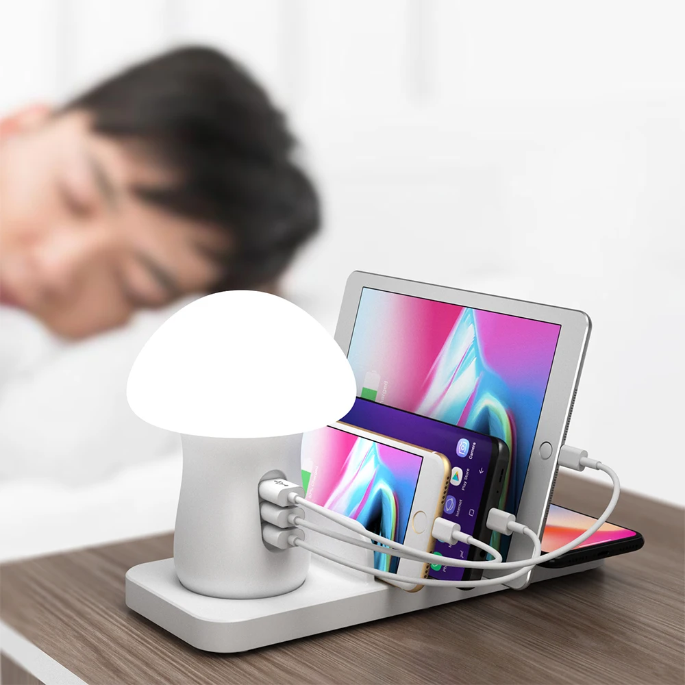 

Bedside USB Phone Charging Mushroom Lamp 3 USB Ports Charger Socket with Wireless QC3.0 Fast Charger Pad EU/UK/US/AU Plug