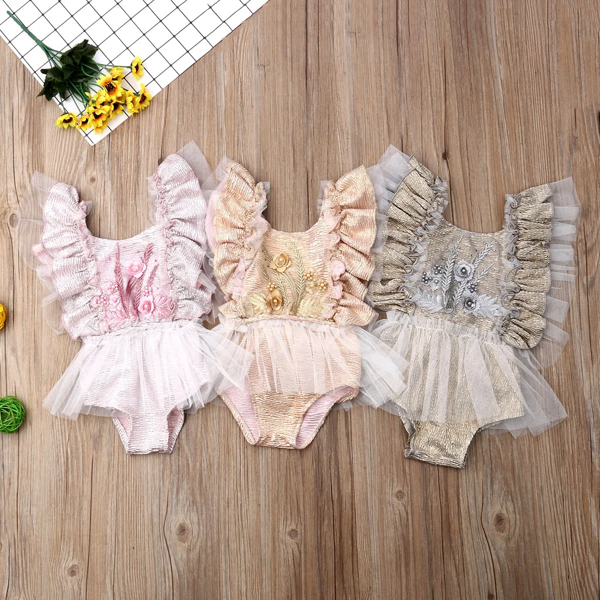 

Newborn Baby Girl Summer Bodysuits Ruffle Lace Sleeve Flower Jumpsuit Outfits Sunsuit 0-24M