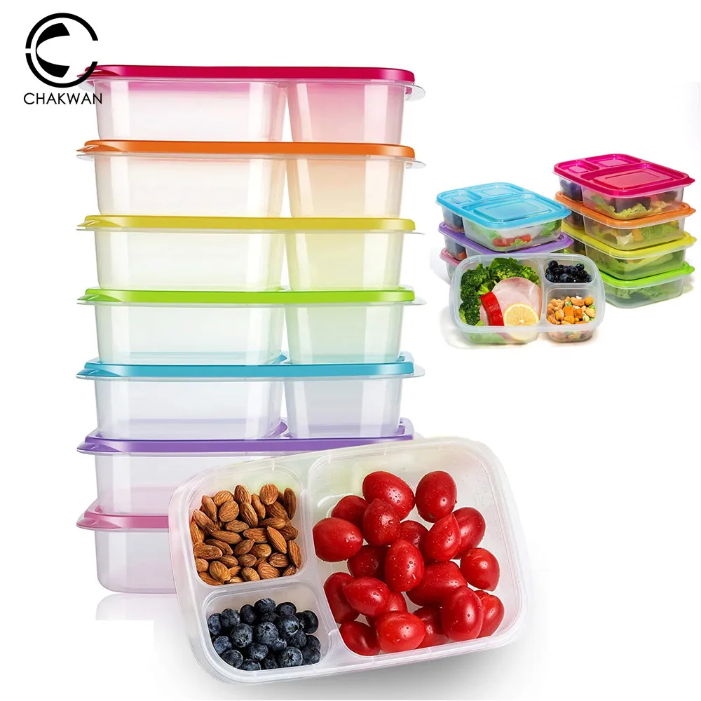 Easy 3 Compartment Classic Reusable Plastic Lunch Box Containers With