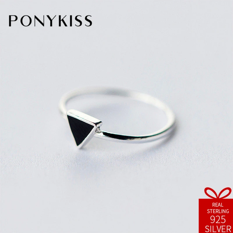 PONYKISS, винтажное, 925 пробы, серебряное, регулируемое, с отверстием, простое, черное, треугольное кольцо, хорошее ювелирное изделие для женщин, подарок на день рождения