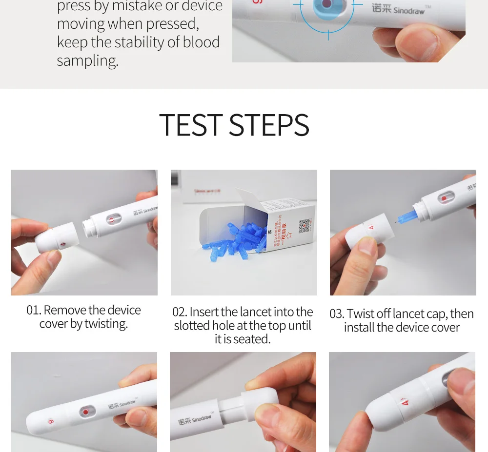 SINOCARE апгрейдированный ланцет с регулируемыми 9 настройками глубины и 100 шт ланцетов для тестов глюкозы в крови