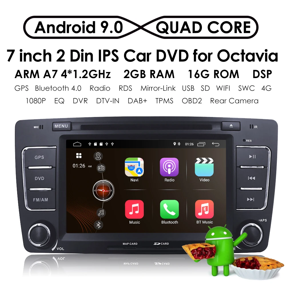Perfect Two Din 7Inch Android 8.1 Car DVD Video Player For SKODA Octavia 2009-2013 CANBUS GPS Navigaiton Bluetooth Radio RDS WIFI SD DAB 2