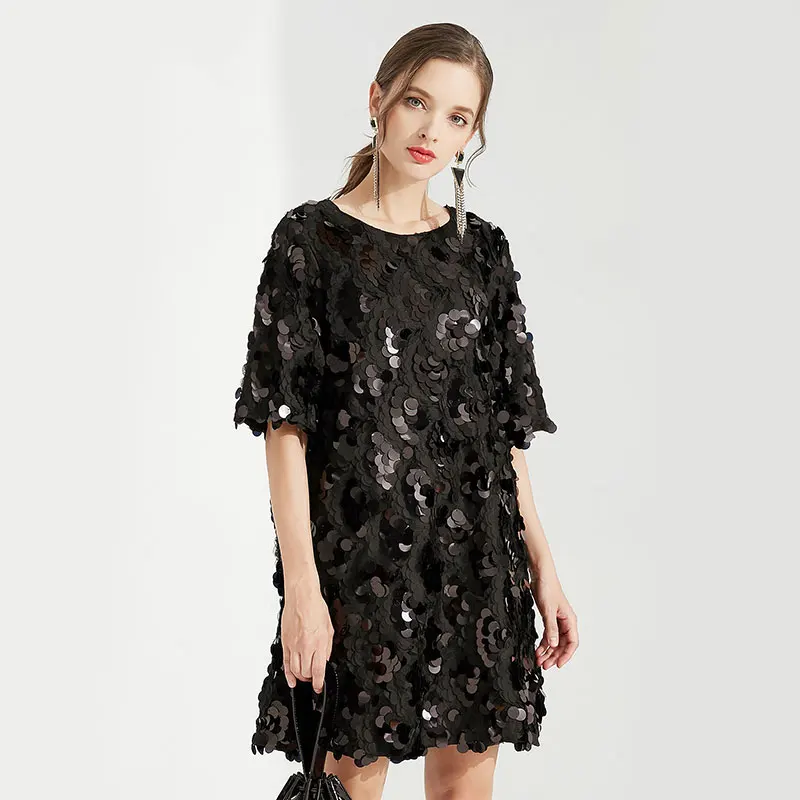 

Large Size Dress For Women 5XL 2019 New Collection Shiny Black Sequin Party Dresses Women Half Sleeve Evening Banquet Dress 140