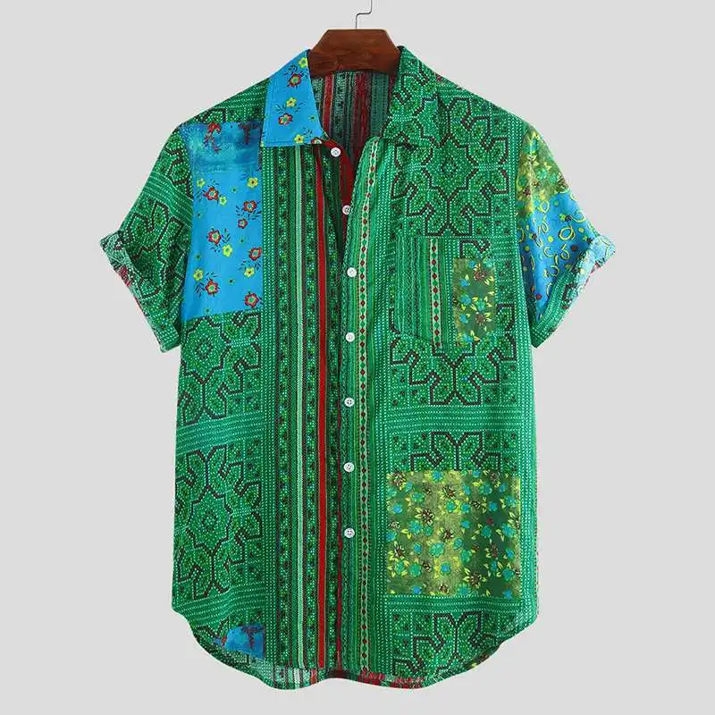 Летняя рубашка в этническом стиле с принтом Мужская Кнопка короткий рукав Повседневная дышащая стильная винтажная тропическая гавайская
