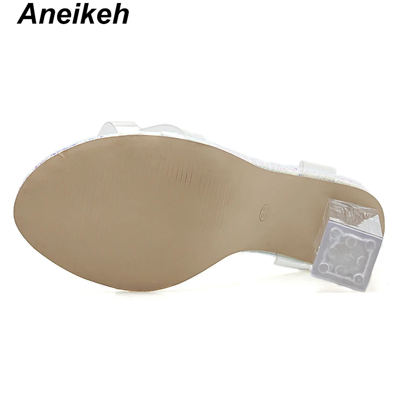 Aneikeh Women Sandals Ankle Strap Perspex High Heels PVC Clear Crystal Concise Classic Buckle Strap High Quality Shoes size35-42