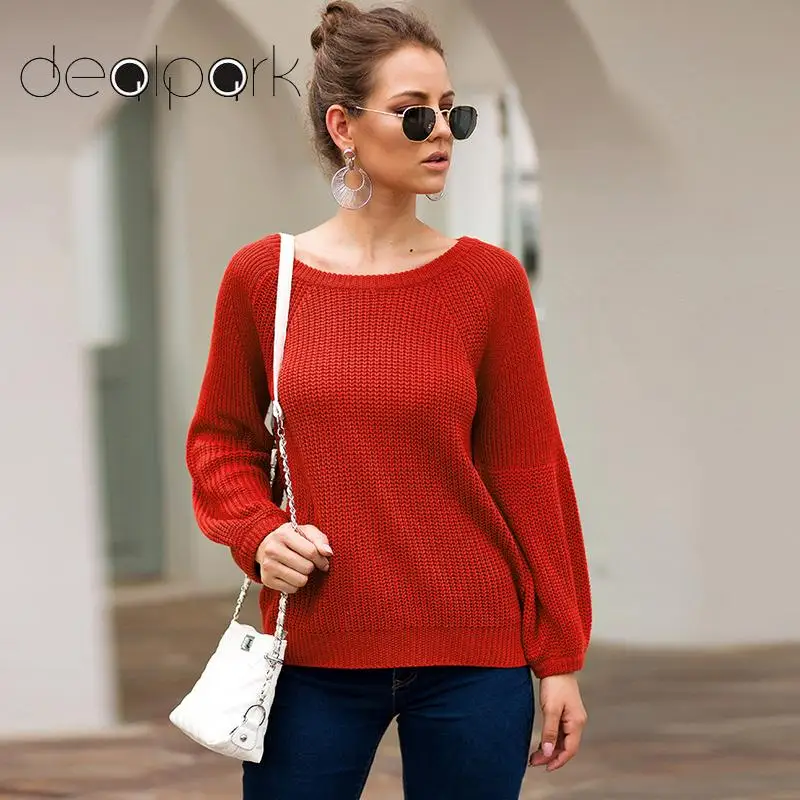 

2019 Winter Woman Sweater Knitting Pullover female Knitted Sweater Raglan Lantern Long Sleeves O Neck Solid Jumper Knitting Top