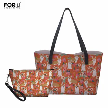 

FORUDESIGNS 2pcs/set Corgi Women Handbag Set Fashion PU Leather Shoulder Bag Holder Male up Bag Flower Dog Big Messenger Bags
