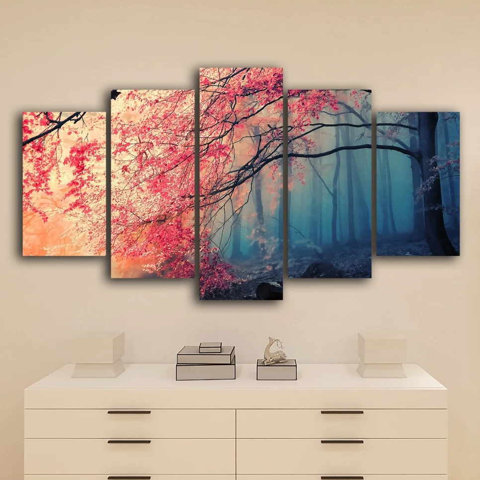HD печатает современные стены искусства холст для гостиной 5 шт. вишни картины декор Красные Деревья лес живопись плакат