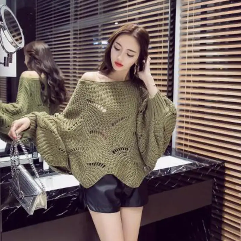 

Autumn and Winter Loose knitting Sweater Sexy Slash Neck Off Shoulder Women Pullovers Fashion Wave Hollow Batwing Sleeve Sweater