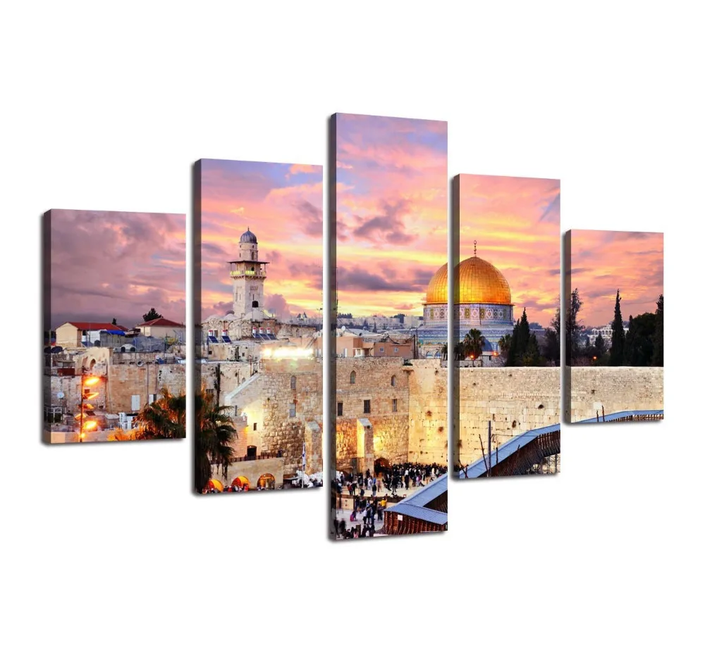 

Islamic Religion Canvas Painting Jerusalem Wall Art Mecca Modern Muslim Split Artwork 5 Panel Prints Giclee Drop Shipping